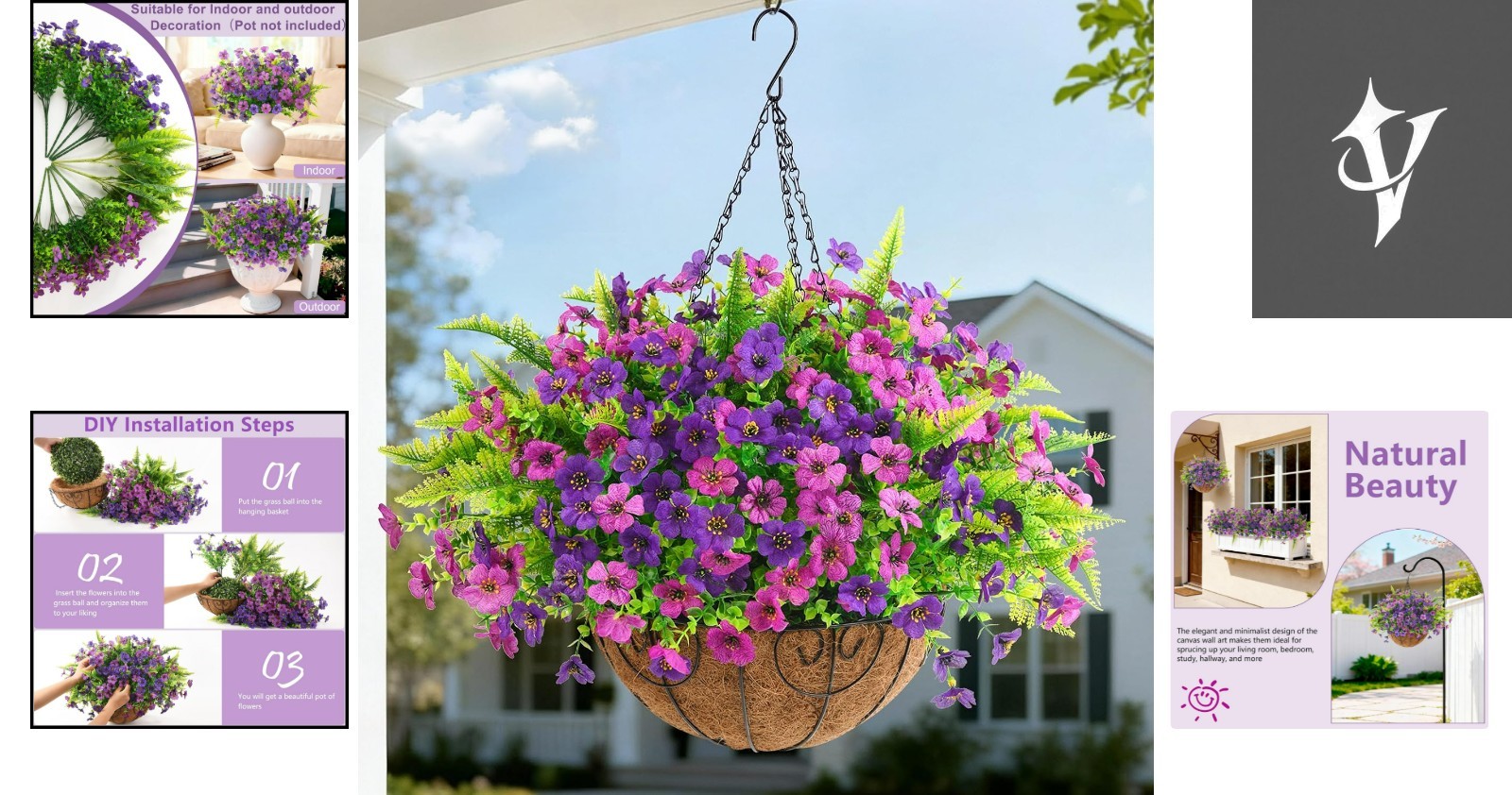 Multicolor Artificial Flower Hanging Basket – 12 Bundles with Ferns, Easy Decor
