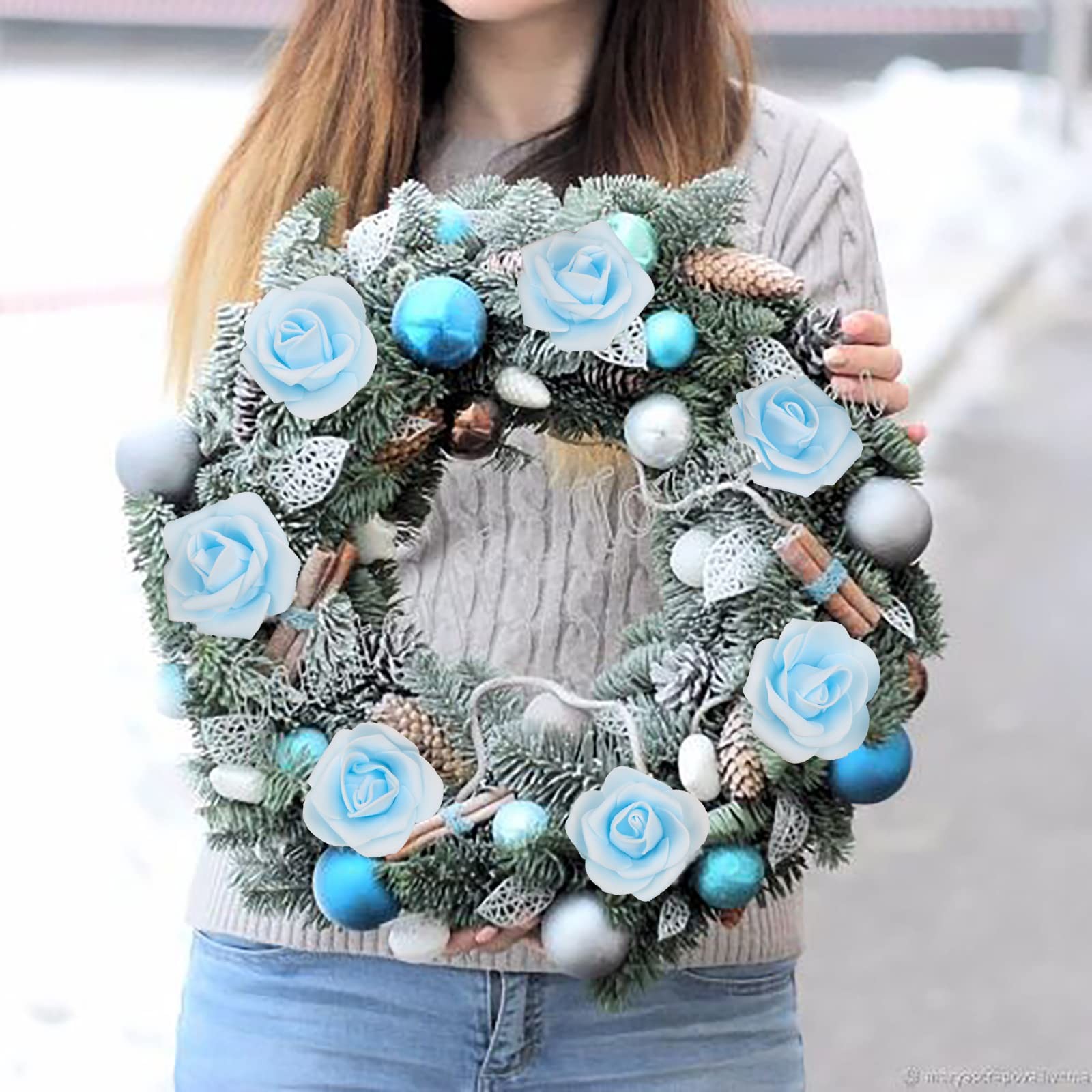 200Pcs 1.97in Light Blue Artificial Rose Flower Heads, DIY, Wedding, Centerpiece