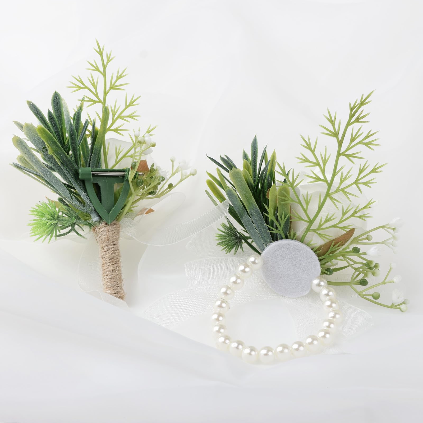 2 PCS Wrist Corsage Boutonniere Set Artificial Flowers Suit Prom White1