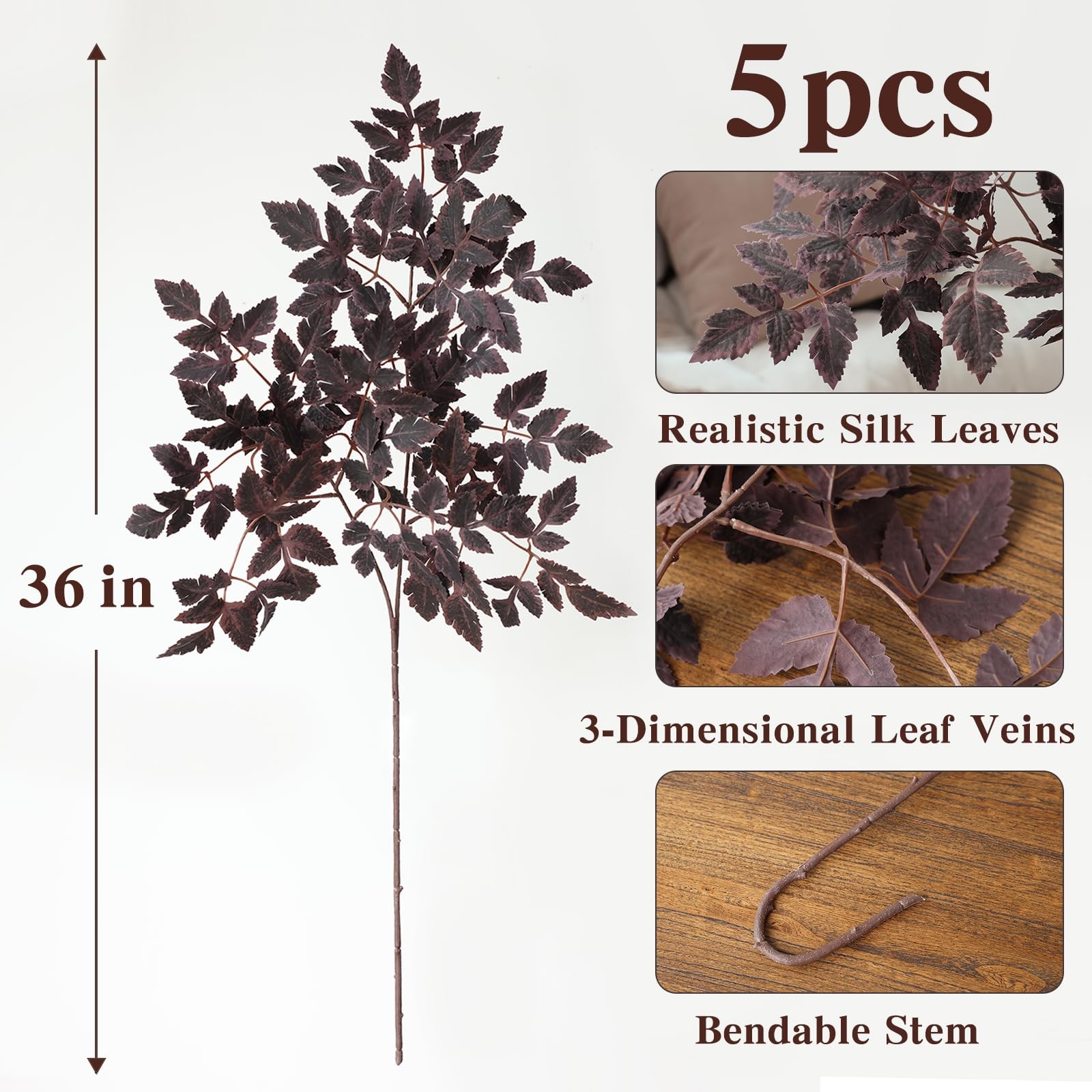 5 Pcs Artificial Cimicifuga Stems 36 in Burgundy Leaf Spray Plants Faux Green…