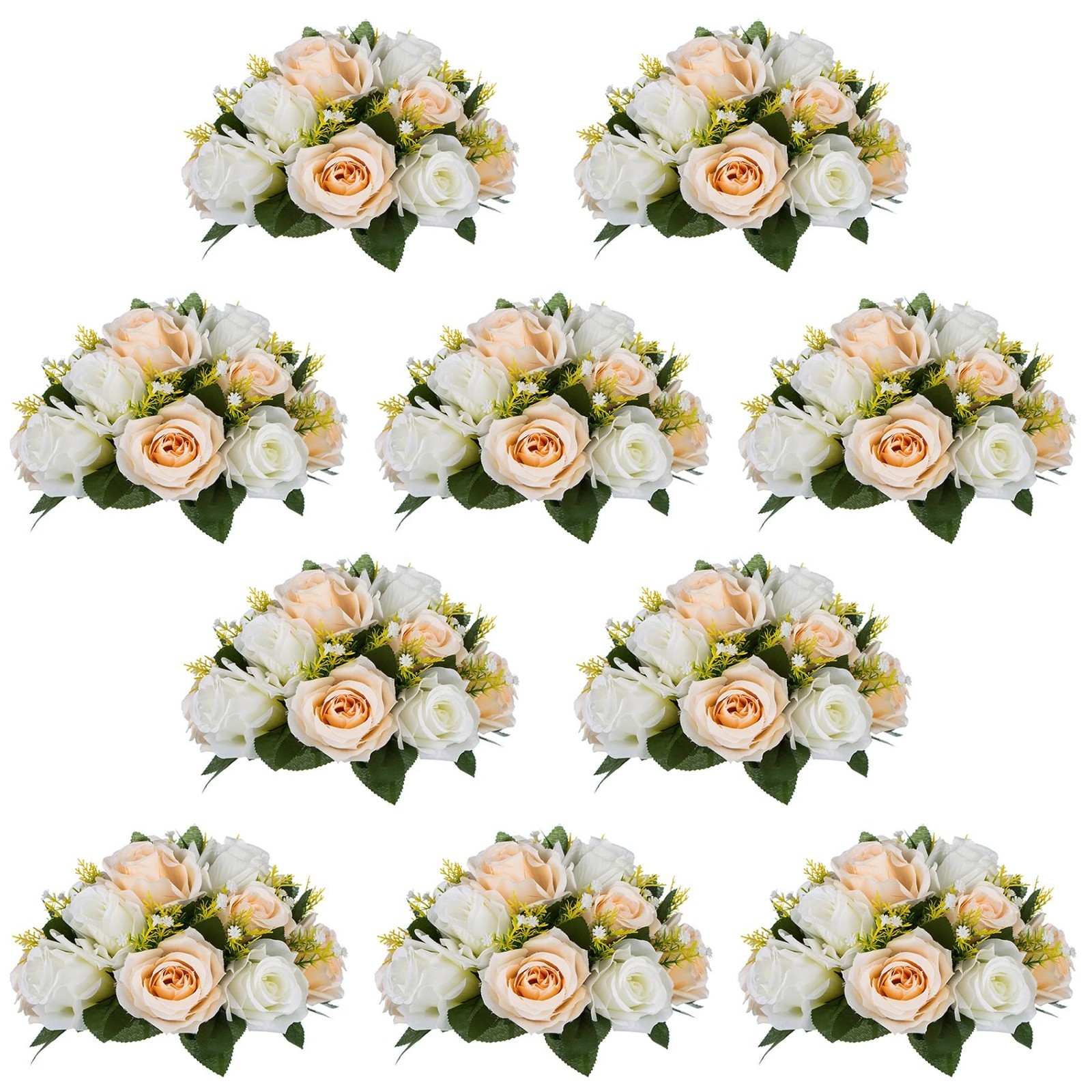 10 Pcs 9.5” Artificial Rose Flower Balls Centerpieces – Peach Champagne & White