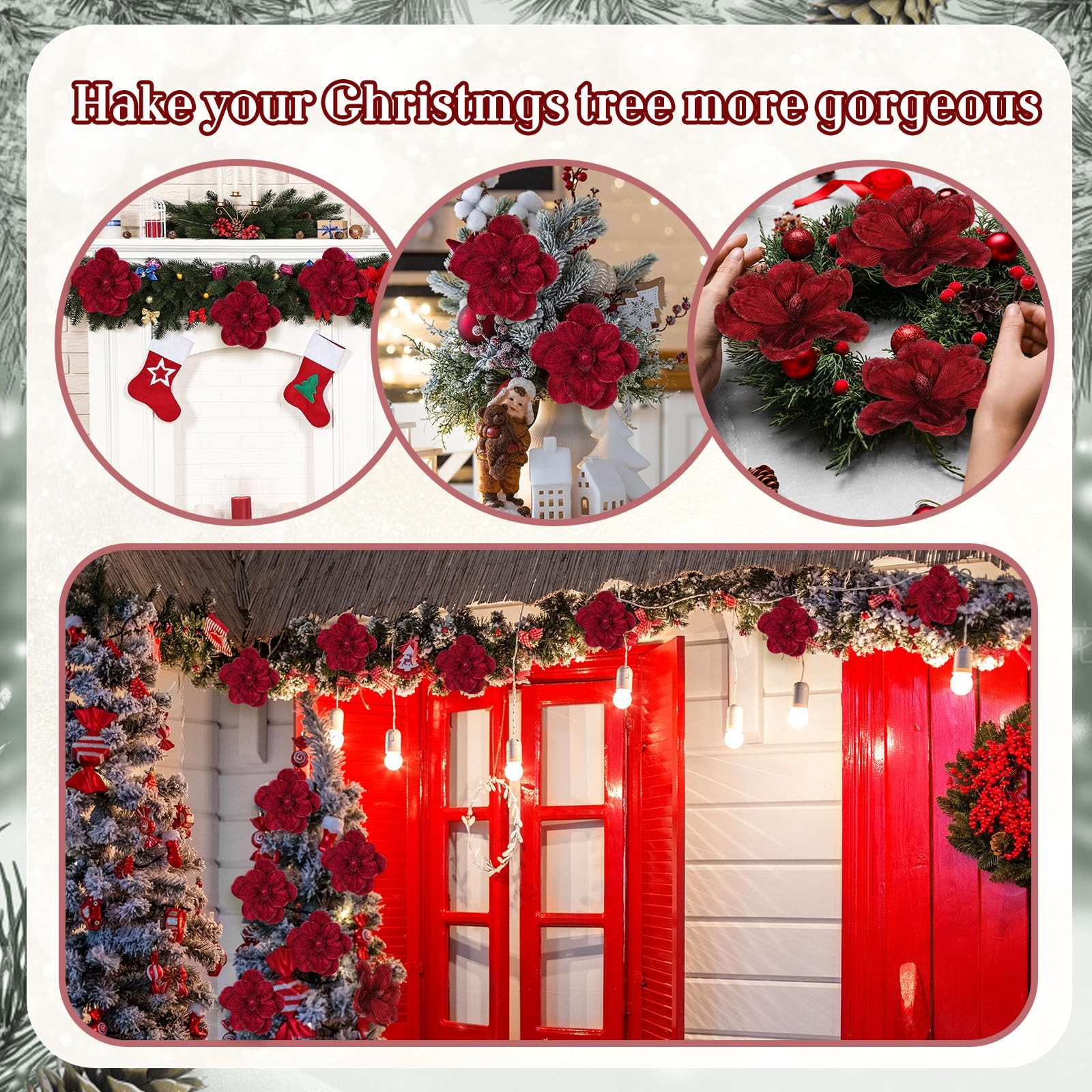 18 PCS Large Velvet Christmas Poinsettia Magnolia Flower Ornament Glitter Red