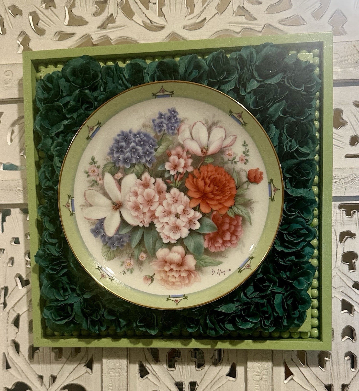Upcycled Danbury Mint Plate 3D Wall Decor – Floral Roses Beaded Frame (12″)