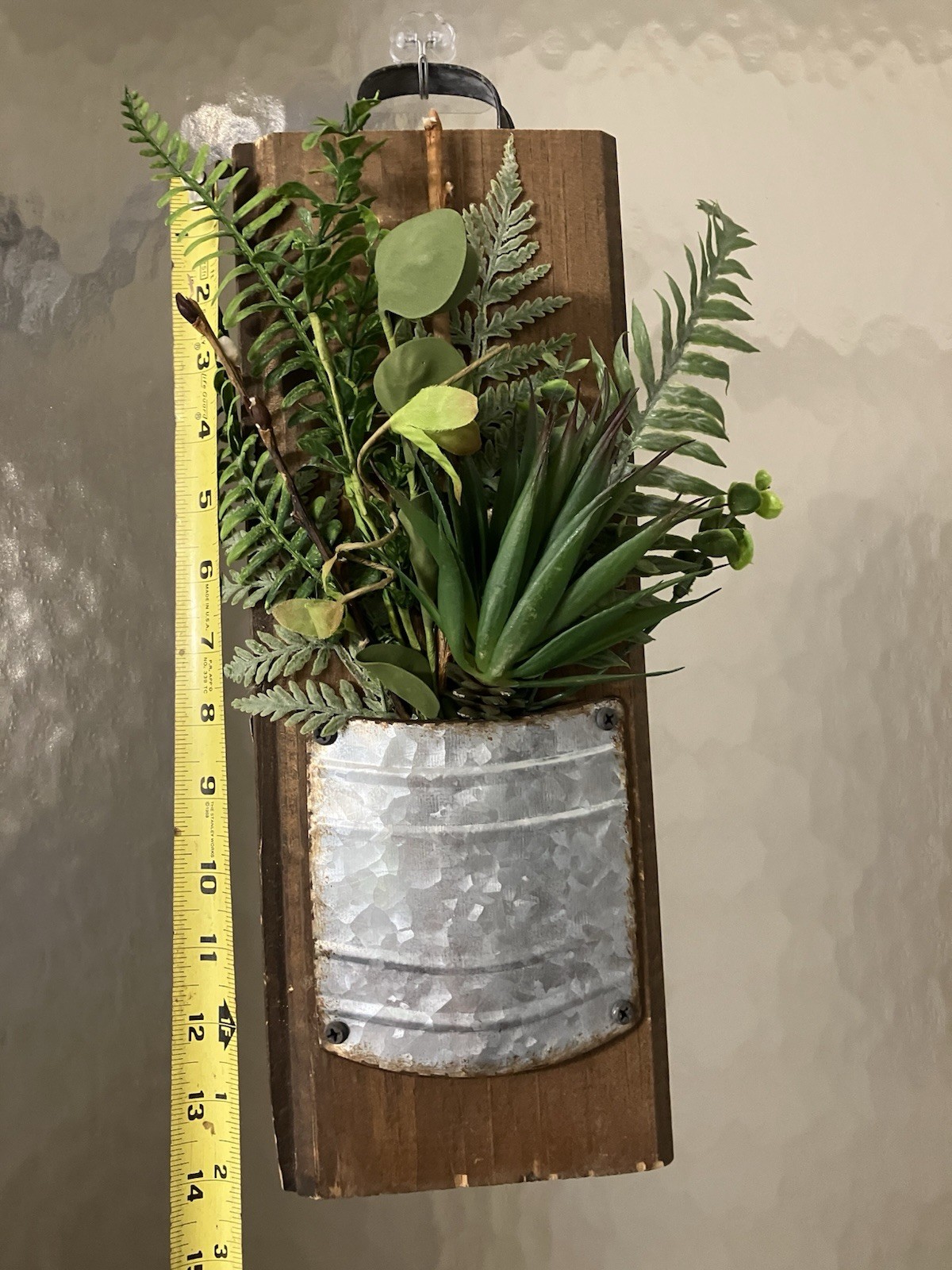 Artificial Succulent Fern Wall Planter Rustic Wood & Galvanized Metal 16×5.5”