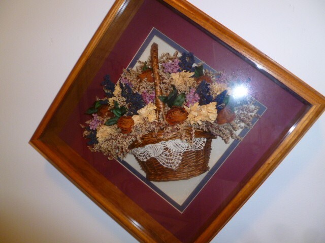 Vintage Hanging Wooden Shadow Box w/ Basket of Dried Flowers Signed Wall Art