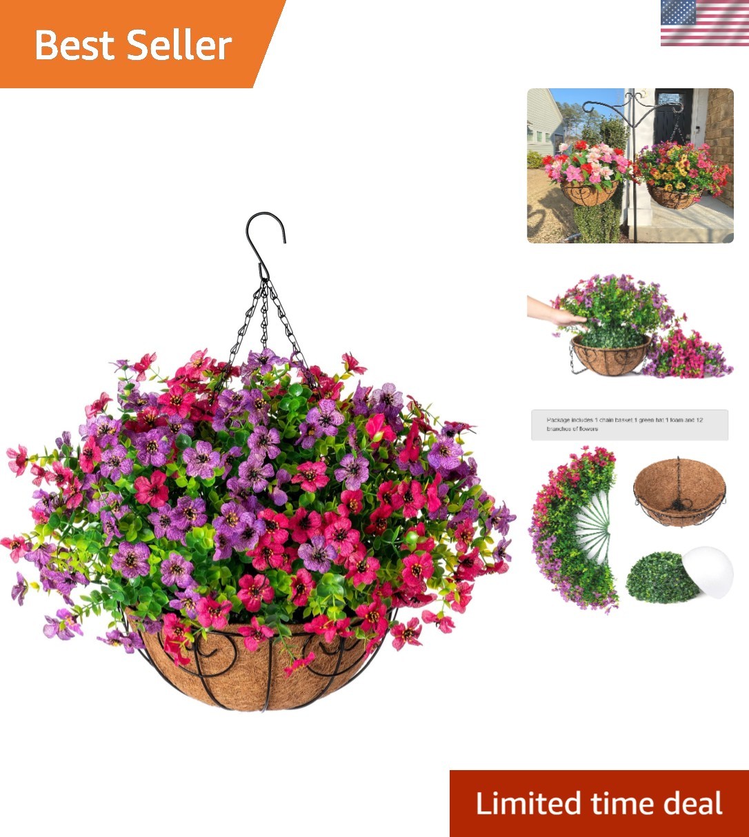Lightweight Artificial Hanging Plant Basket – Perfect for Balcony & Porch Decor