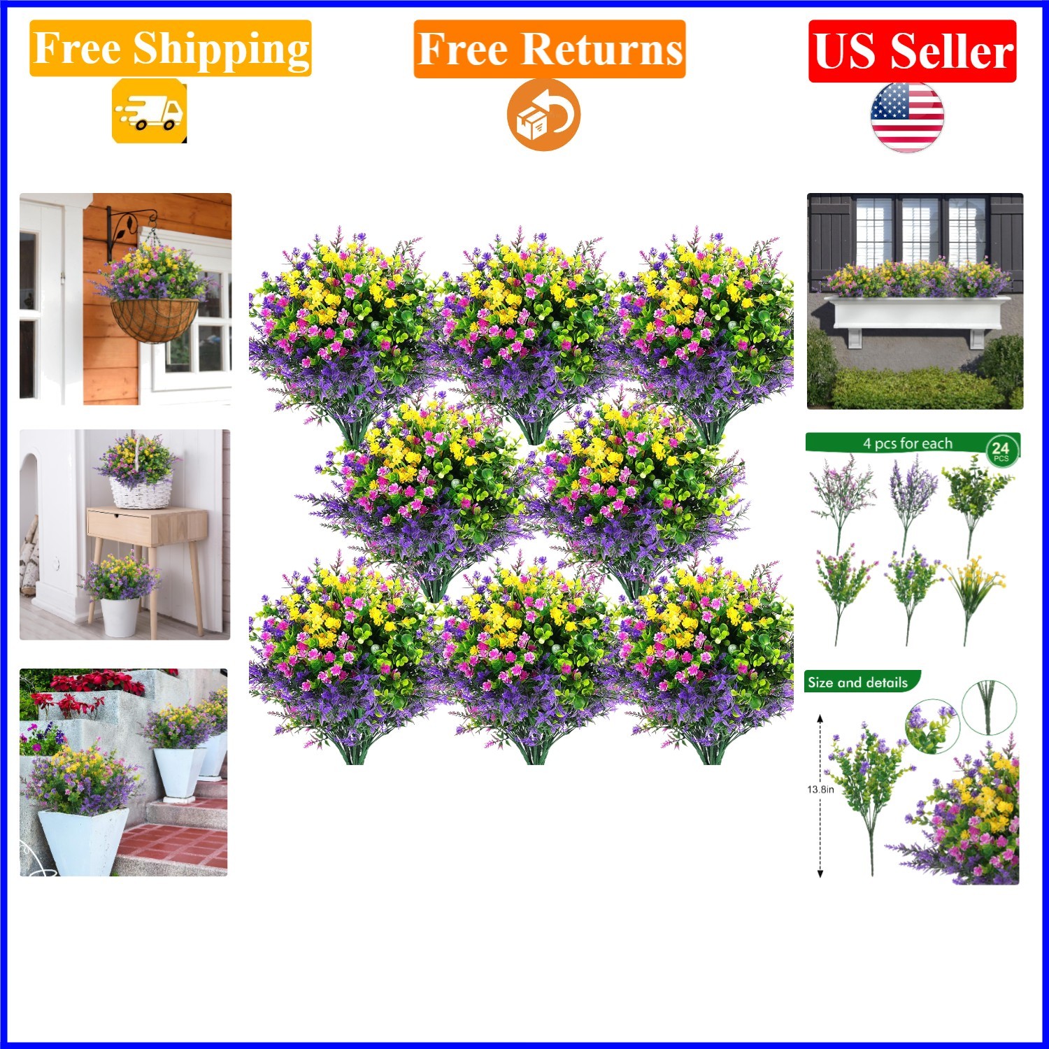 24 Pcs Outdoor Faux Flowers, UV Resistant, Assorted Colors, 14″