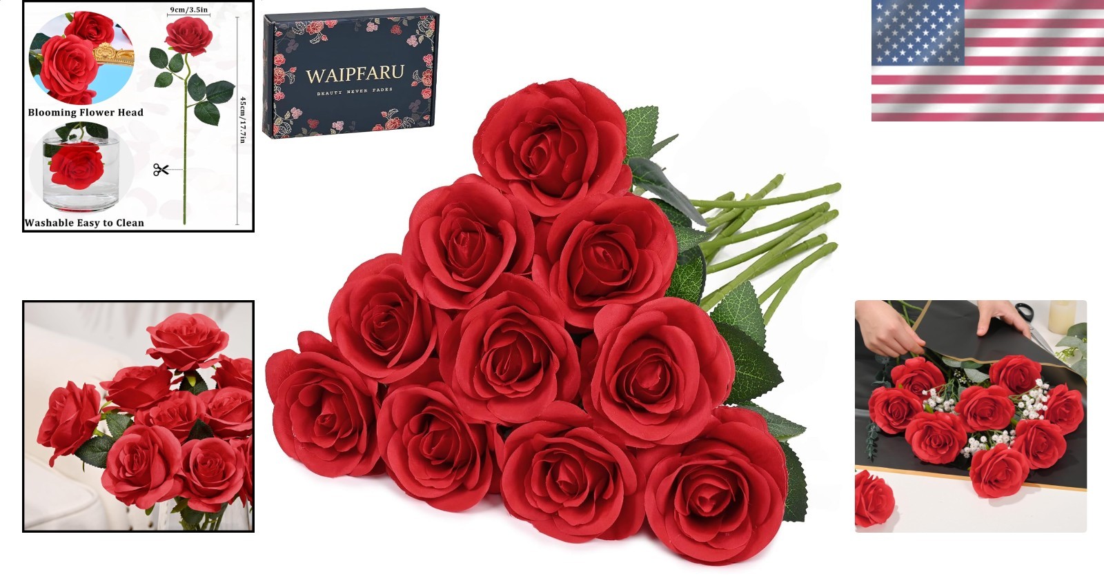 10 Pcs Red Artificial Roses Silk Flowers Long Stems Wedding Bouquet DecorRed…