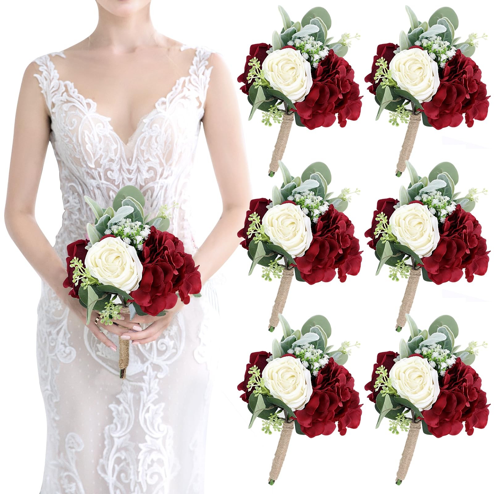 Artificial Flowers Bridesmaids Bouquets Set of 6 – Burgundy and White Bridesm…