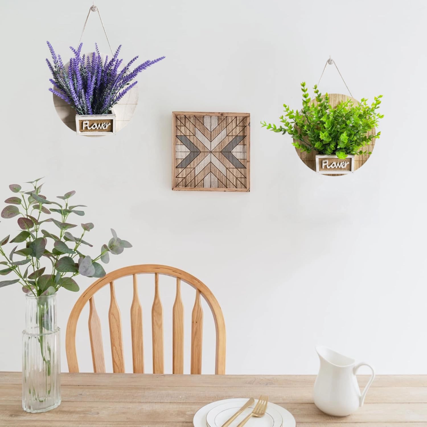 2 Pack Hanging Wood Wall Planter Vase with Artificial Eucalyptus and Lavender…