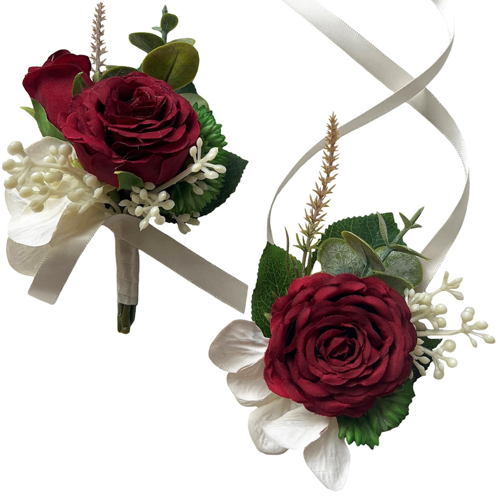 Artificial Wrist Corsage Boutonniere Set, Burgundy, 2 Pieces