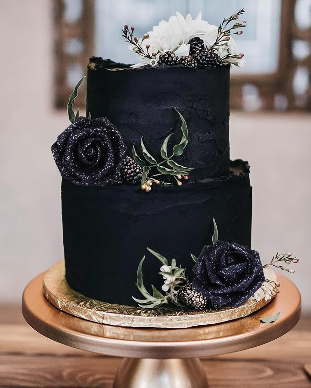Glitter Roses 30Pcs 2.56″ Artificial Grey Black Roses with Stems for Baby Shower
