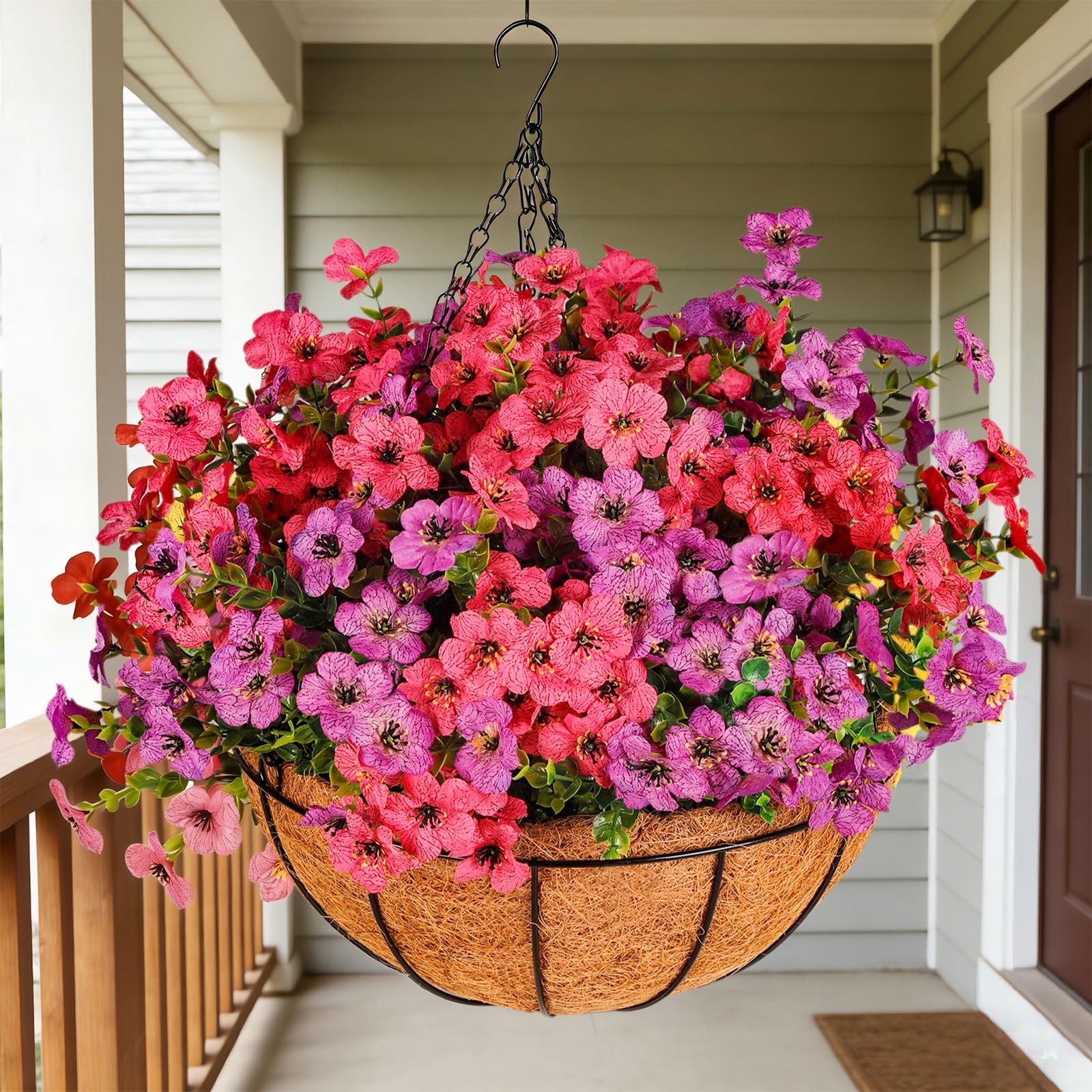 Artificial Outdoors Flowers with Hanging Basket, UV Resistant Fake Hanging Fl…