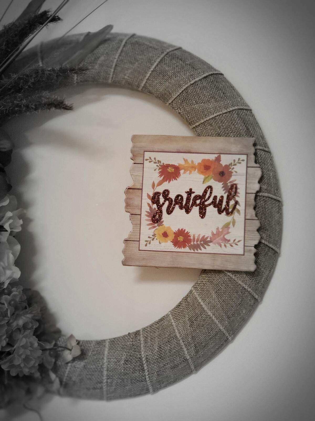 GRATEFUL wreath FLOWER Hydrangeas Foxtail burlap FALL autumn Decor Front Door 15