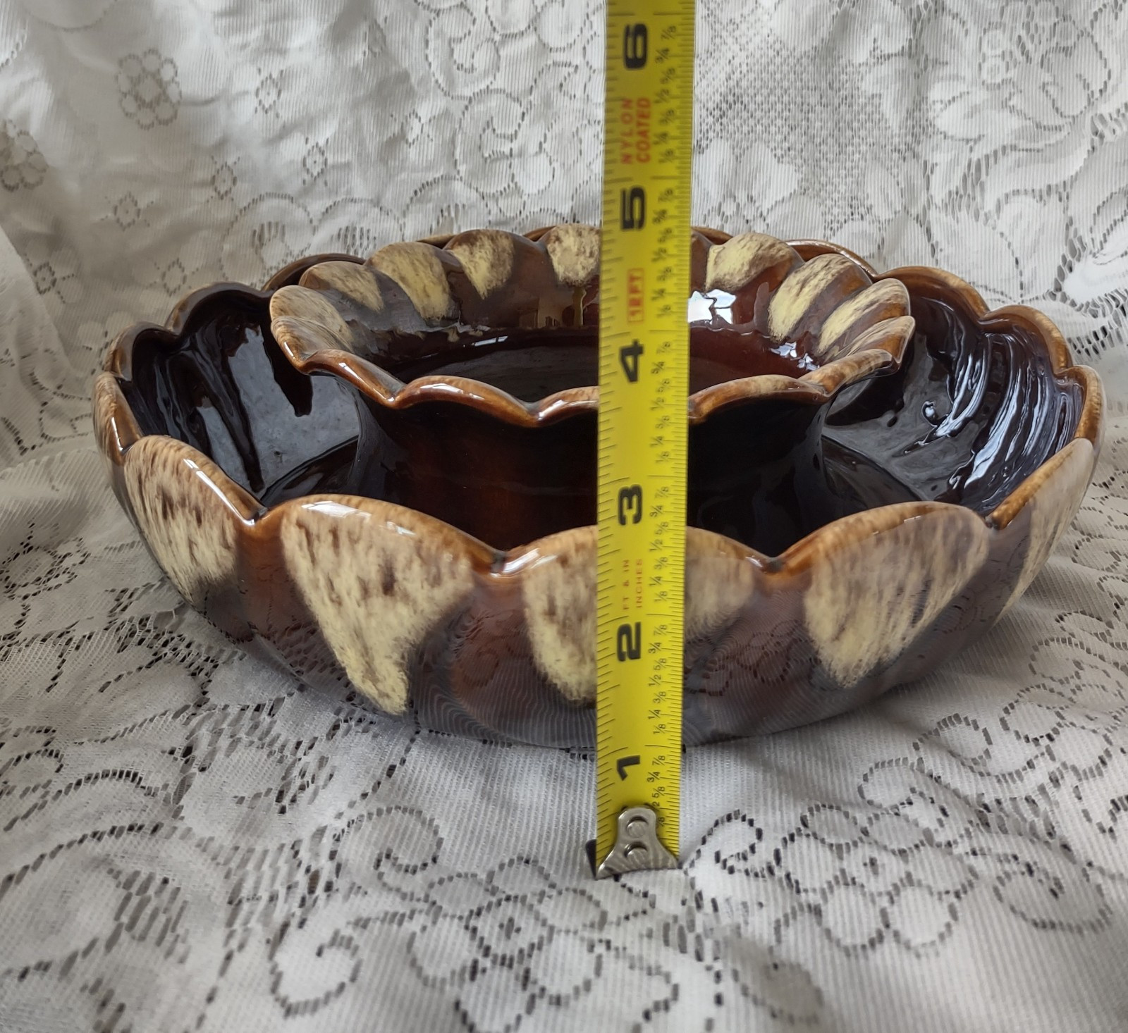 Vintage Ceramic Brown Drip Glazed Flower Ring Table Bowl