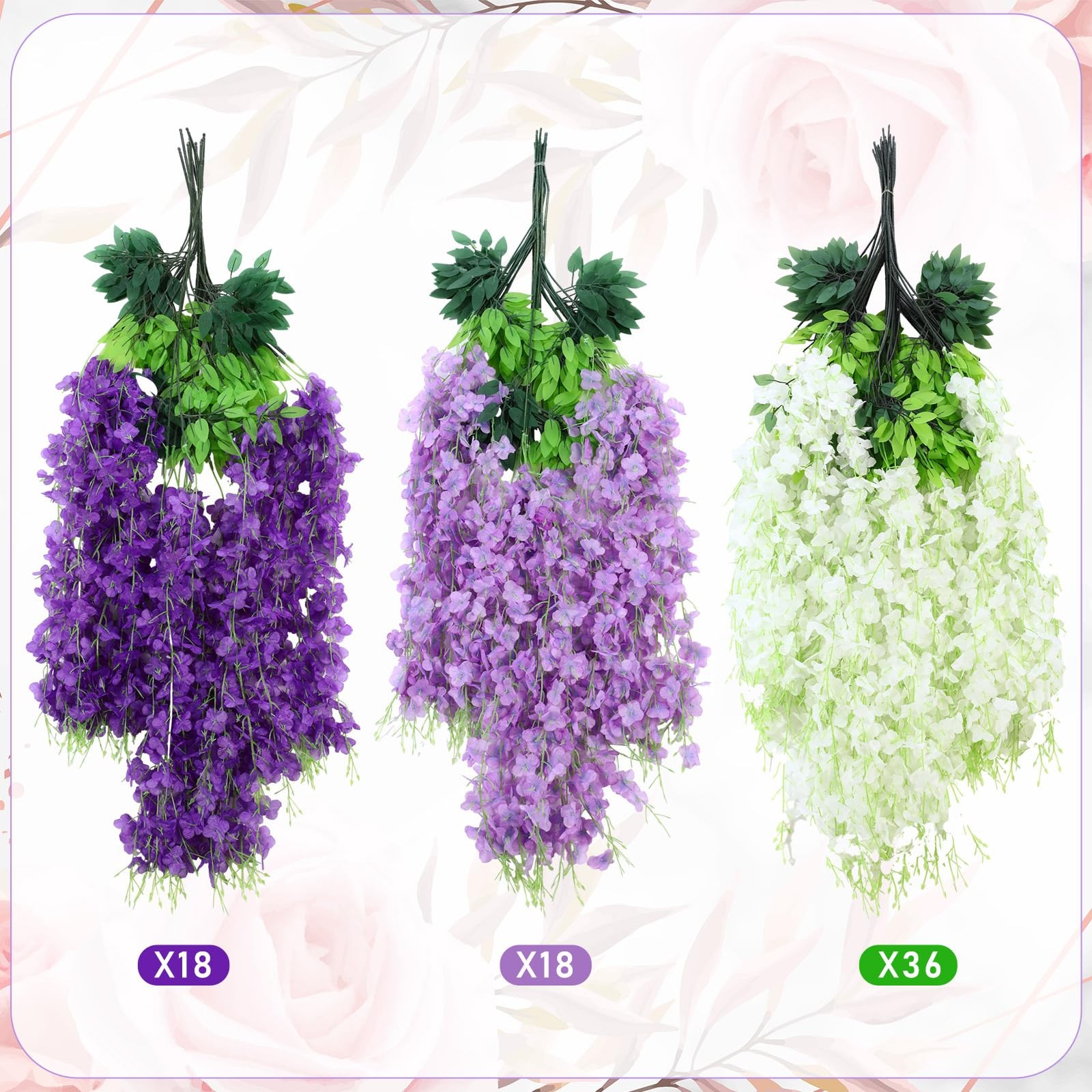 72 Pcs Wisteria Hanging Flowers 3.5 ft Artificial Wisteria Garland Purple & W…