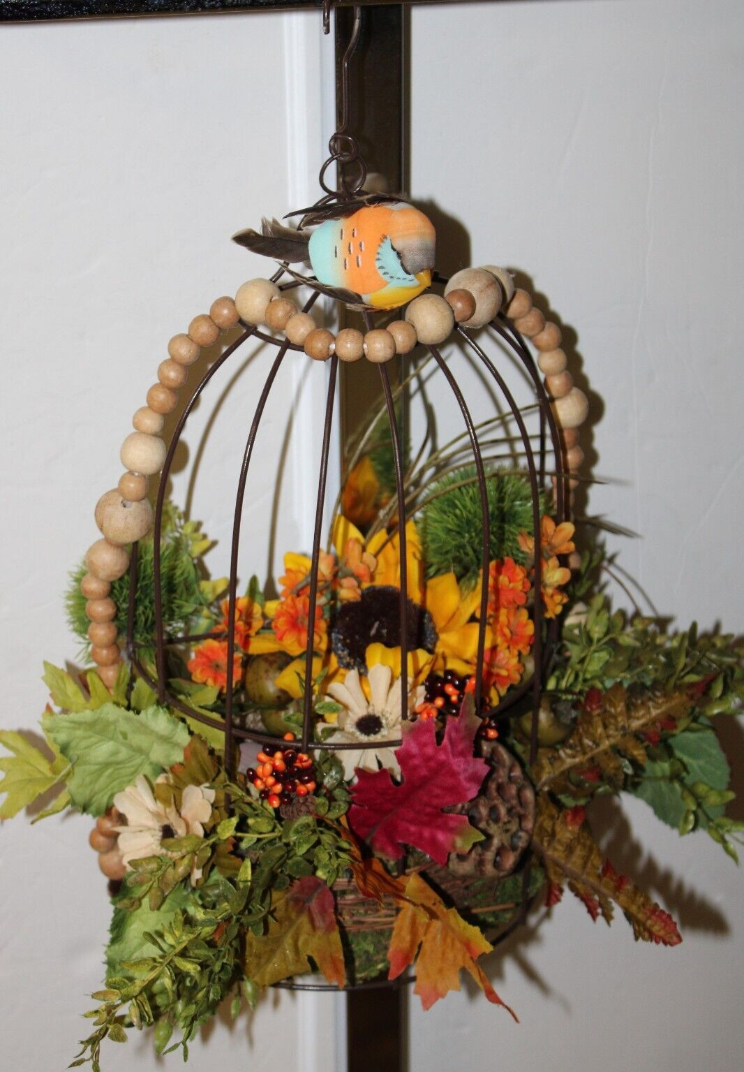 FALL AUTUMN FLOWER ARRANGEMENT BIRD CAGE CENTERPIECE 15”