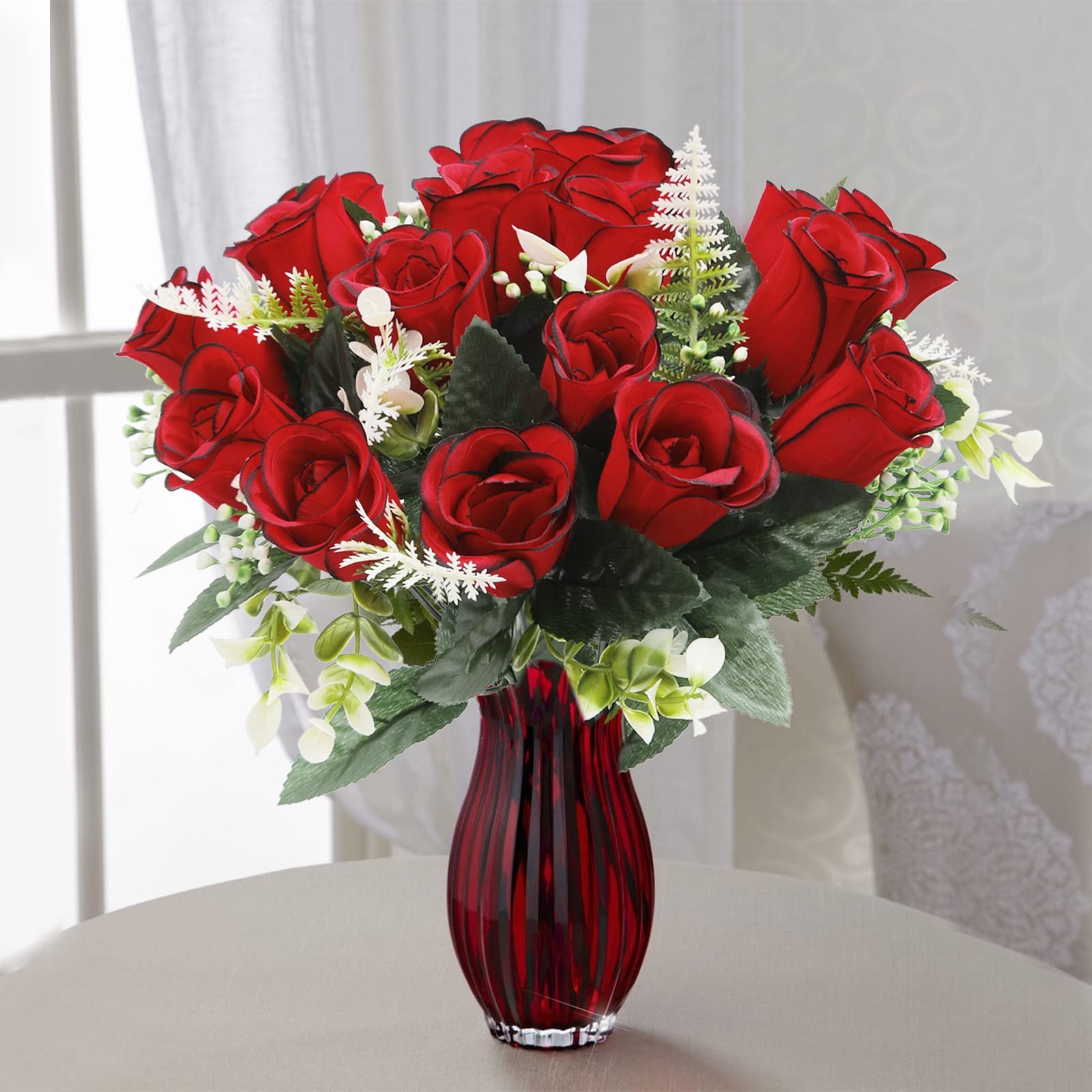 2Pcs Artificial Cemetery Flowers for Grave Silk Memorial Red Rose Flowers Out…