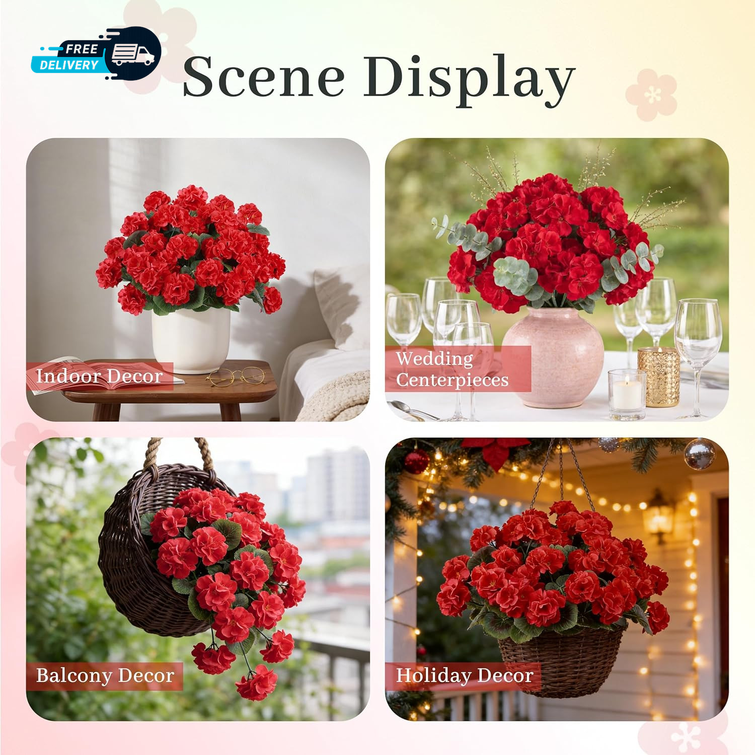 6 Pack Red Artificial Geraniums Flowers for Outdoors UV Resistant Faux Flowers.