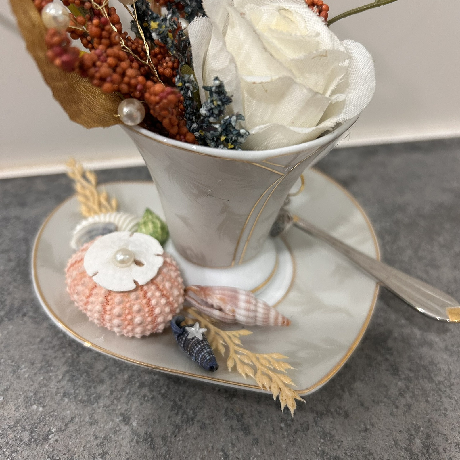 Floral Seashell Assemblage In GMA Fine Porcelain China Tea Cup Saucer Set