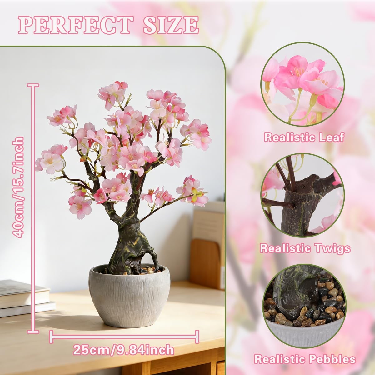 Artificial Pink Cherry Floral Potted,15.7” Tall Fake Bonsai Flowers Tree,Blo…