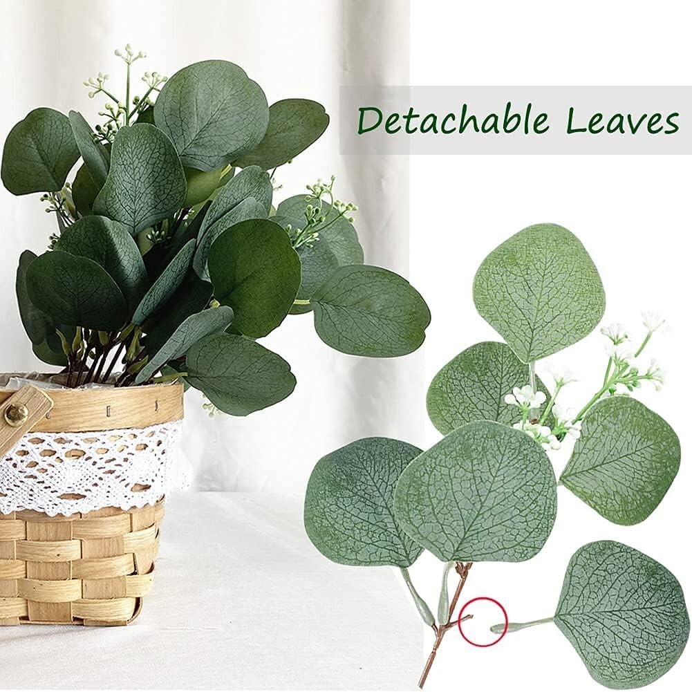 20 Pack Artificial Eucalyptus Leaves Stems w/White Seeds 11″ Tall Greenery Plant