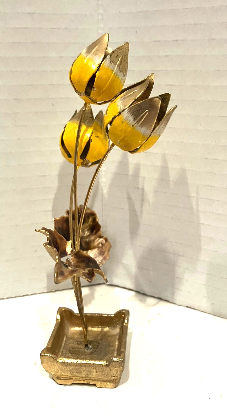 VTG CHINESE BRASS AND ENAMEL TULIPS FLOWER ARRANGEMENT HOLLYWOOD REGENCY 6″
