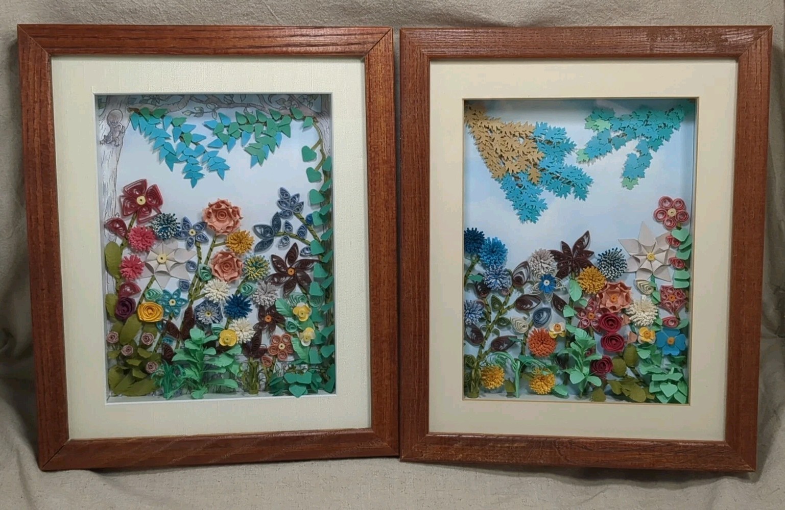 Wood Framed 3D Floral Wall Hanging Art Home Office Decor Set Of 2