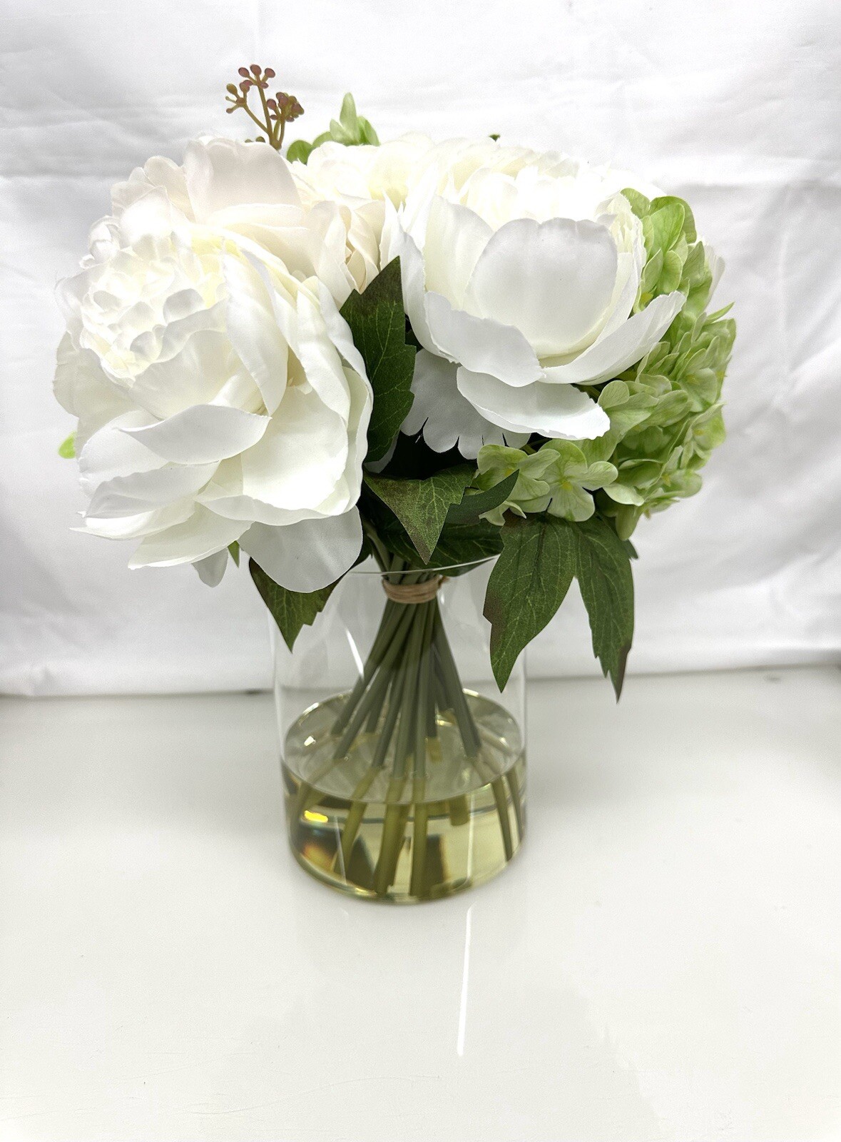 Artificial Peony Hydrangea and Tulip Glass Arrangement 13″ New