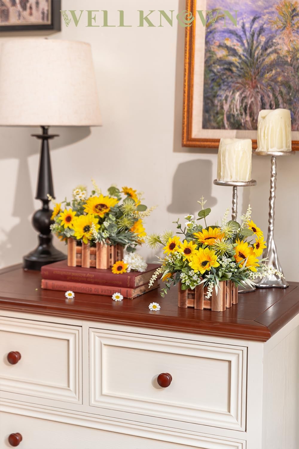 2 PCS Artificial Sunflower Plants Wooden Baskets Faux Flowers Arrangement
