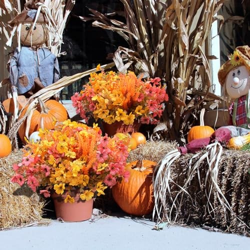 Artificial Fall Flowers for Outdoor, 16 Bundles Fake Fall Yellow Light Orange