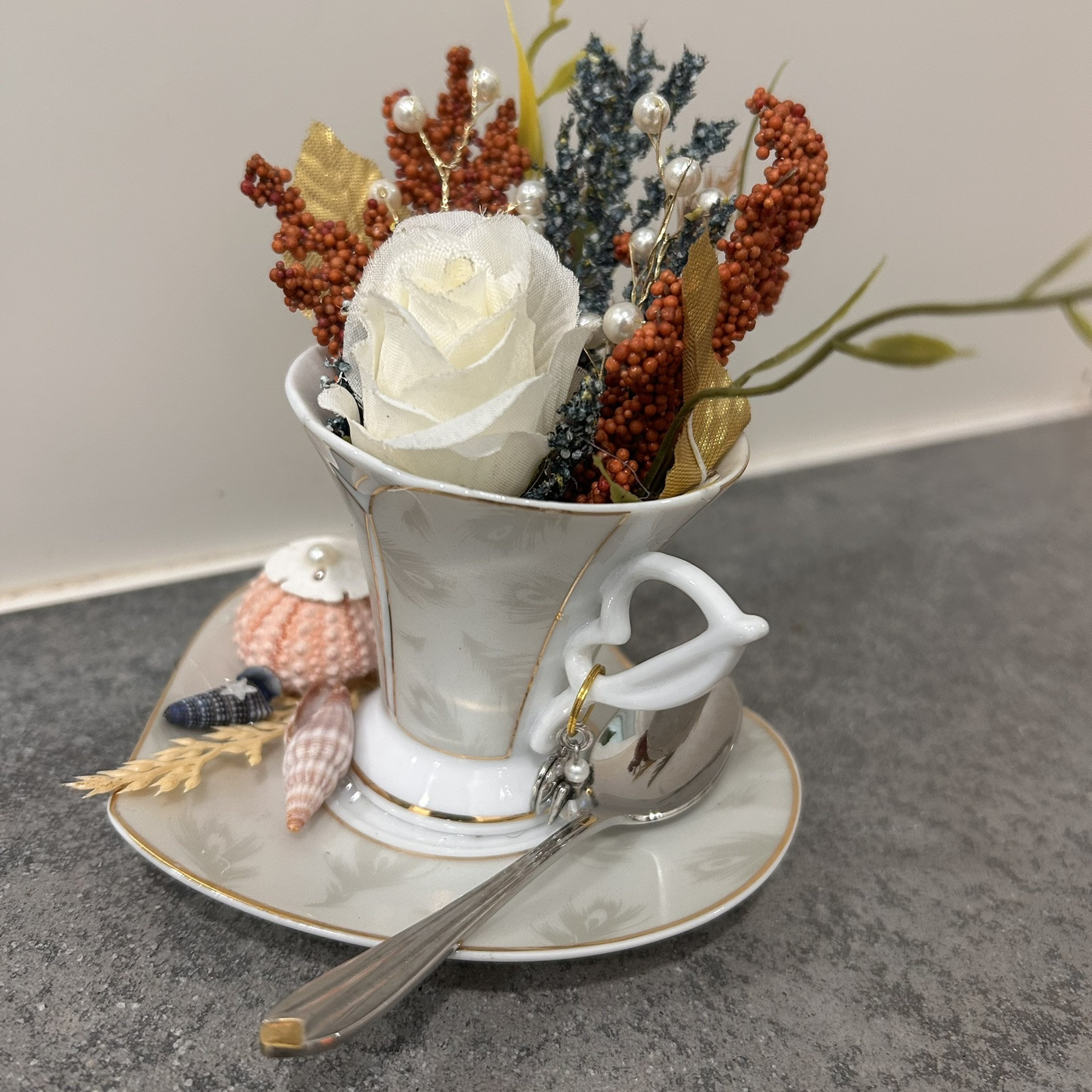 Floral Seashell Assemblage In GMA Fine Porcelain China Tea Cup Saucer Set