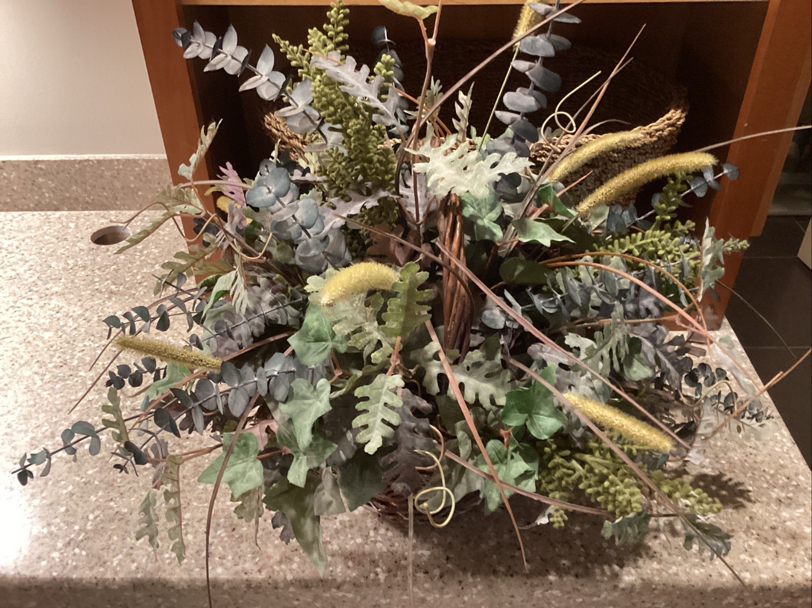 Eucalyptus Plant Artificial Greenery With Brown Wicker Basket