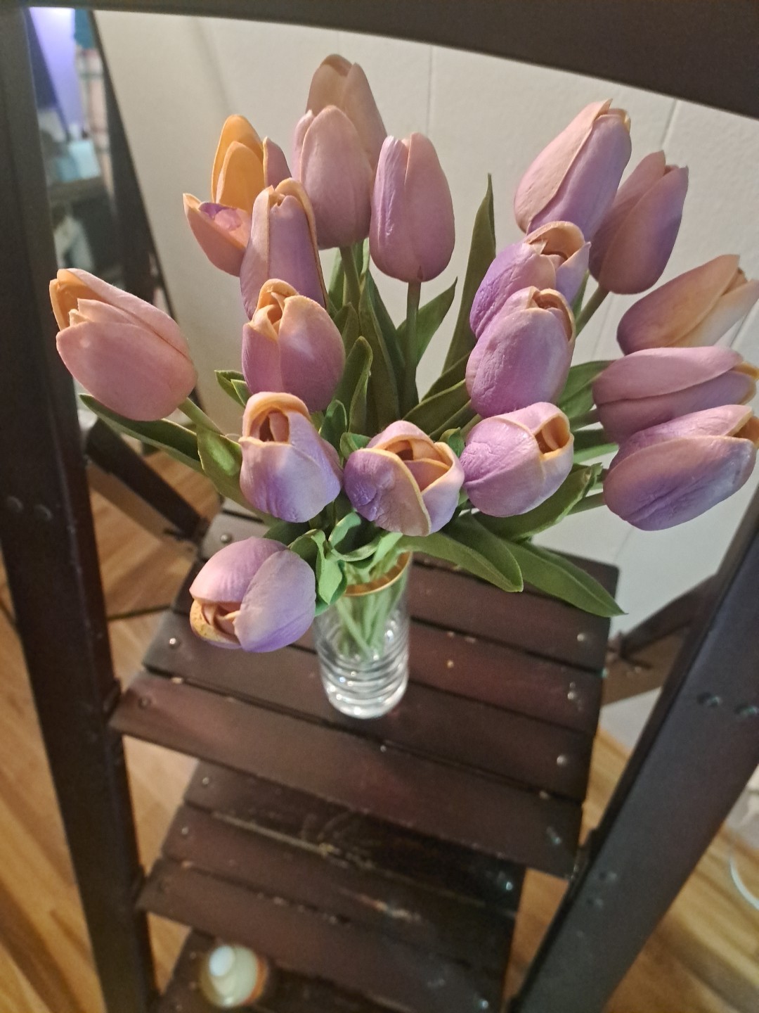 18 Artificial Purple Silk Tulips & Floral Gold Rim Illusion Vase 8″ H X 2.5 W