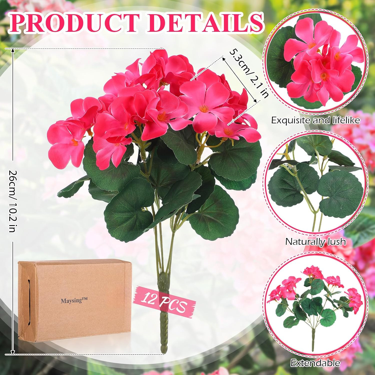 12 Pcs 10.2 Inch Artificial Geranium Flowers Silk Geraniums for Outdoors Faux Bu