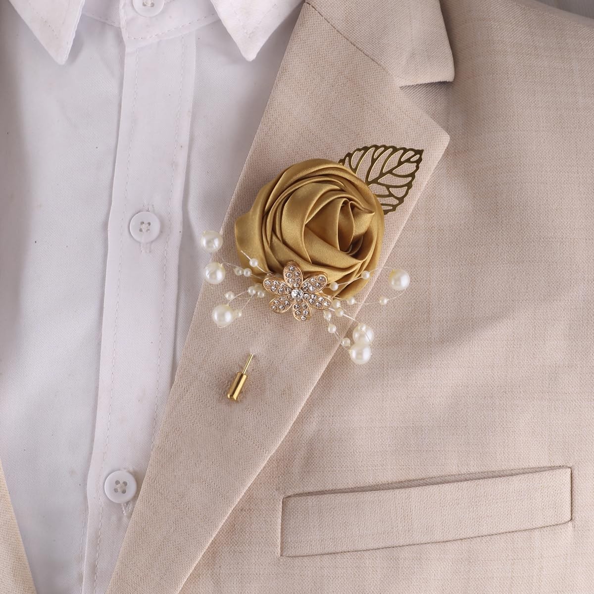 5 PCS Light Gold Leaf Faux Silk Rose Corsage Boutonniere Wedding Prom Decor