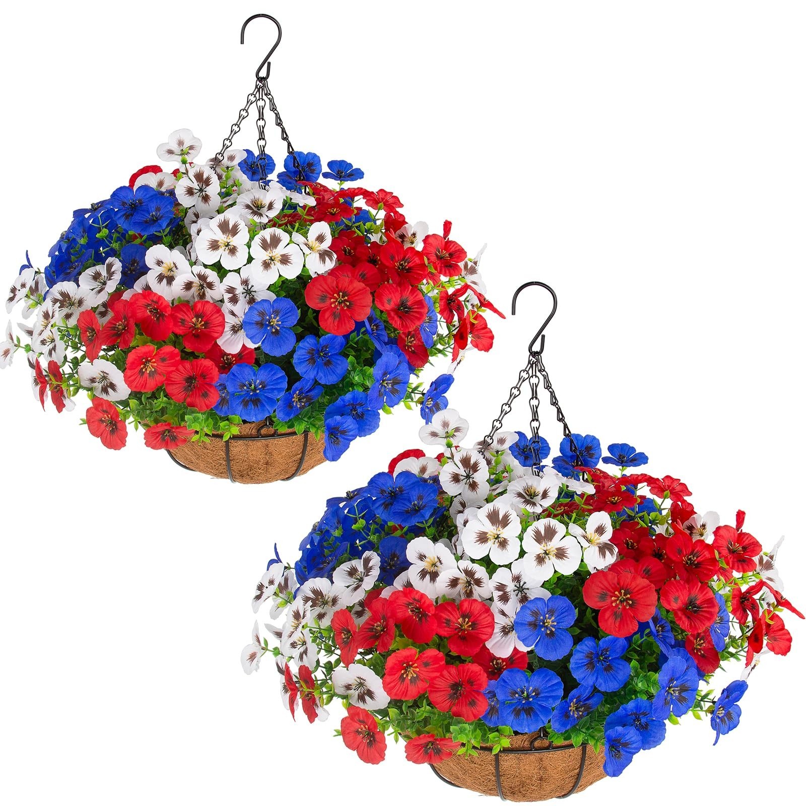 2 Sets Faux Hanging Pansy Flowers with Baskets, 24 Pcs Silk Outdoor Decor for Su