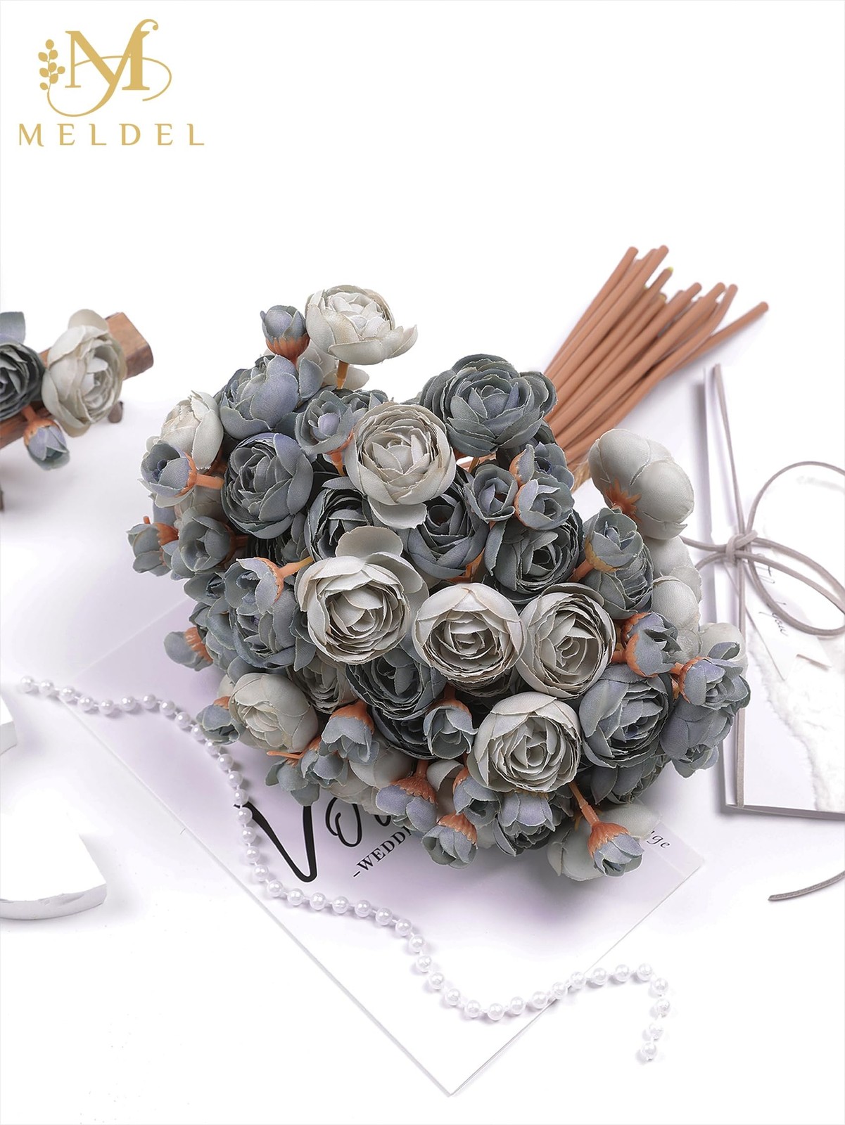 32 PCS Ranunculus Artificial Flower Dusty Blue Mini Rose Faux Fake Peony