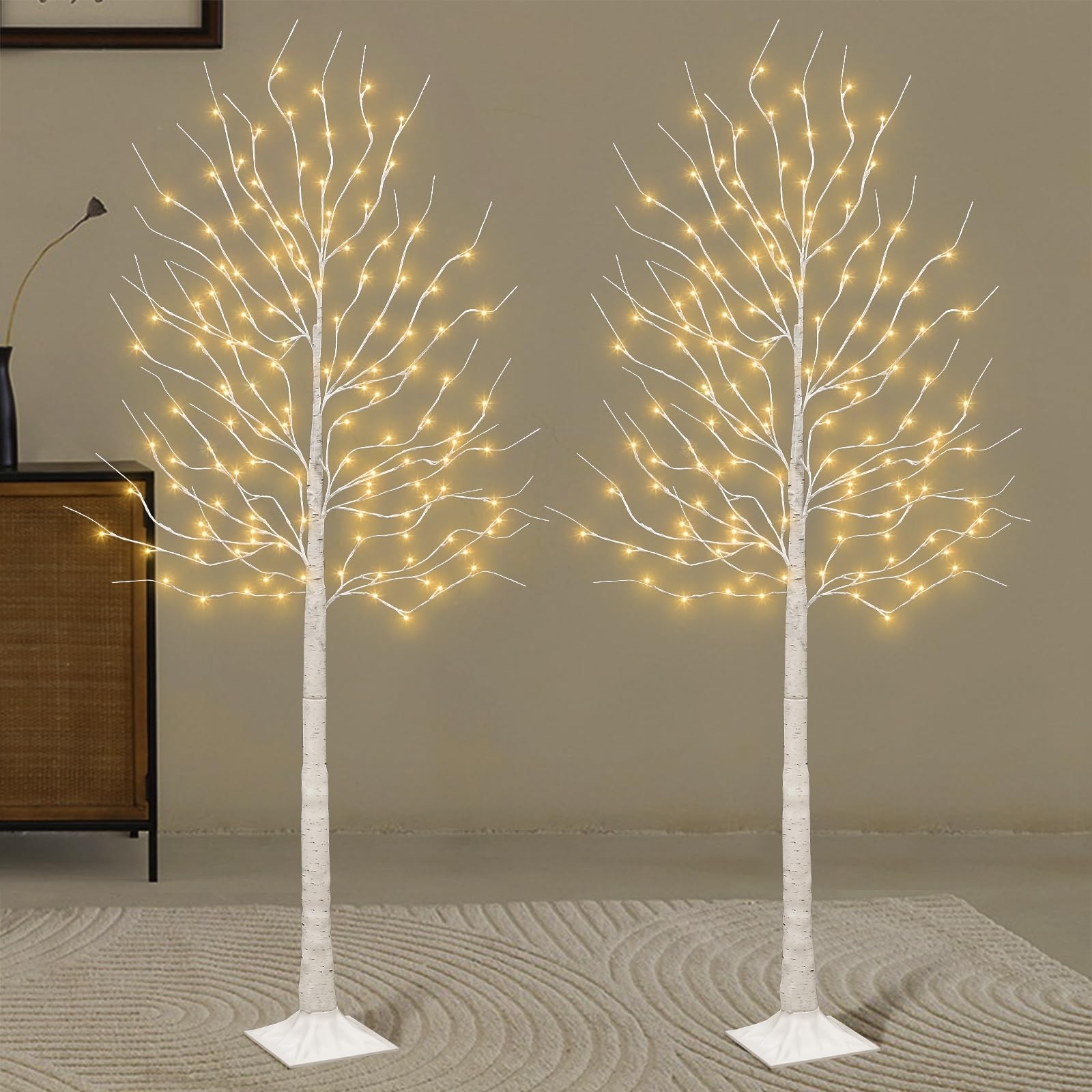 Set of 2 6 feet Lighted Birch Tree, 160 LED Warm White, for Home, Festival, P…