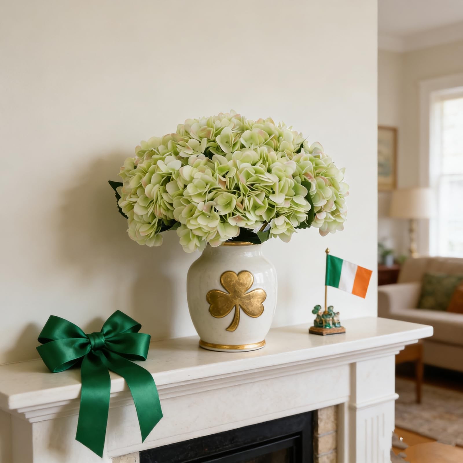 6pcs Green Silk Hydrangea Artificial Flowers Fake Hydrangeas with Lime Green