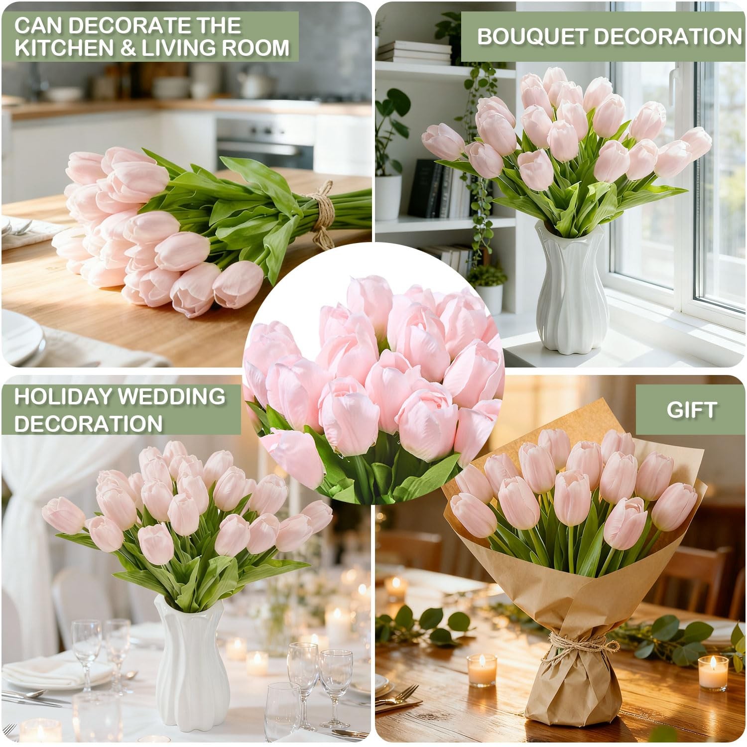 Light Pink Artificial Tulips 20 PCS Silk Flowers Spring Wedding Bouquet Decor