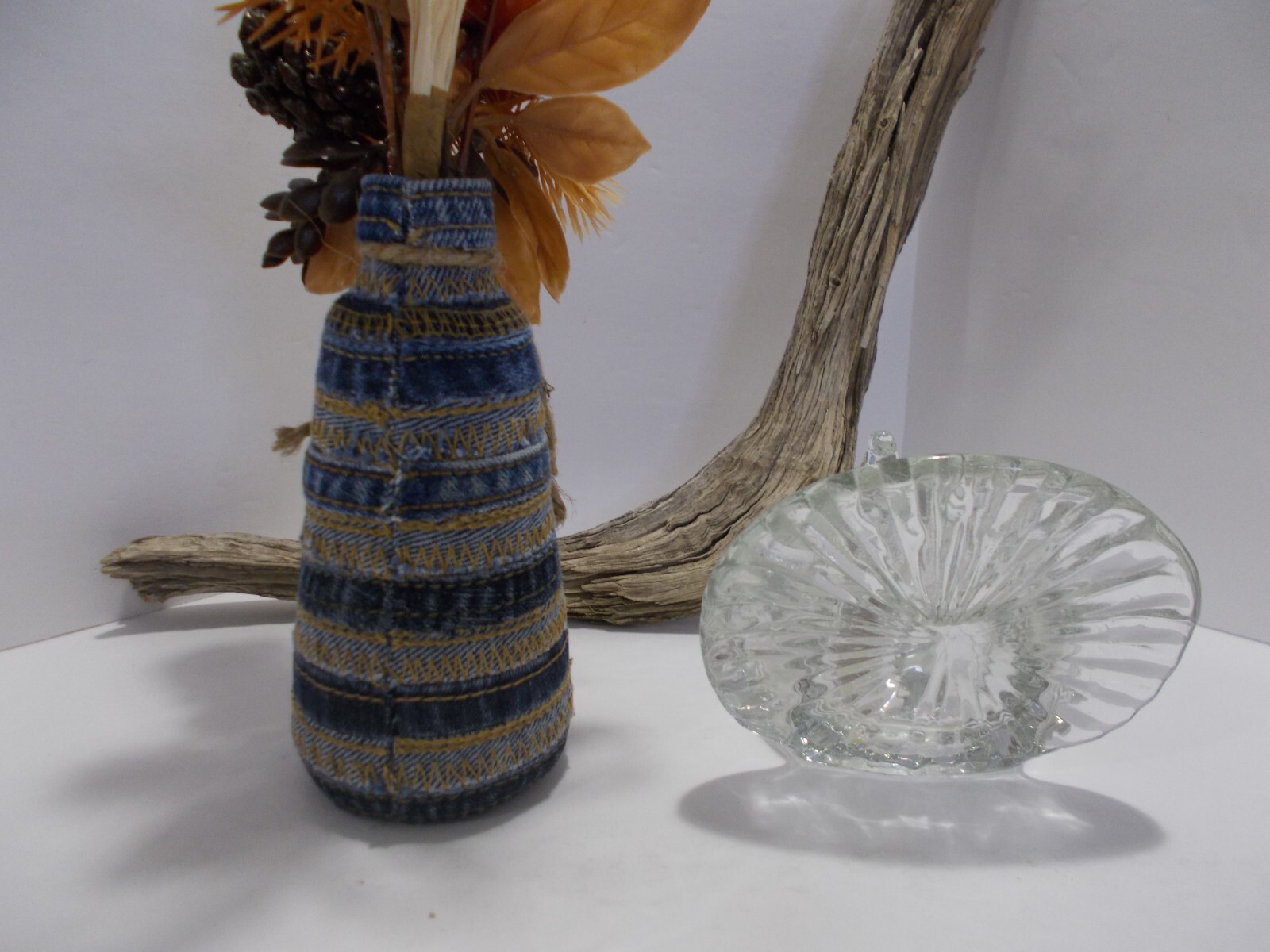 Recycled Denim Jeans Seams Vase w Denim Rose & Vtg. Glass Turkey Candle Holder