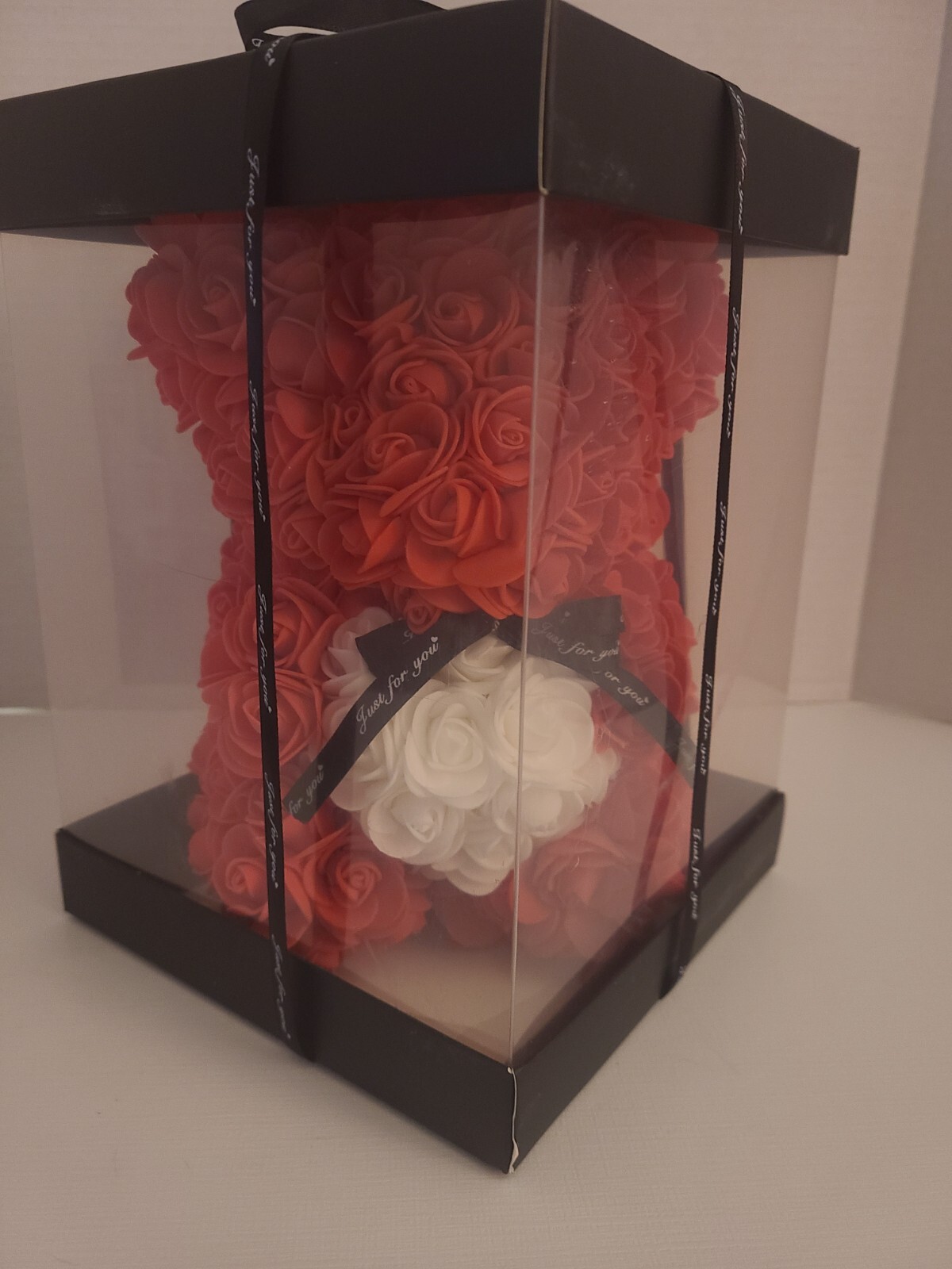 Artificial Rose Teddy Bear with Gift Box | Red/White Rose Bear 10in NEW