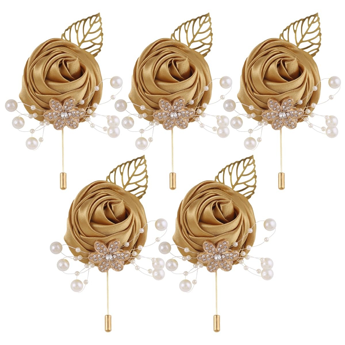 5 PCS Light Gold Leaf Faux Silk Rose Corsage Boutonniere Wedding Prom Decor