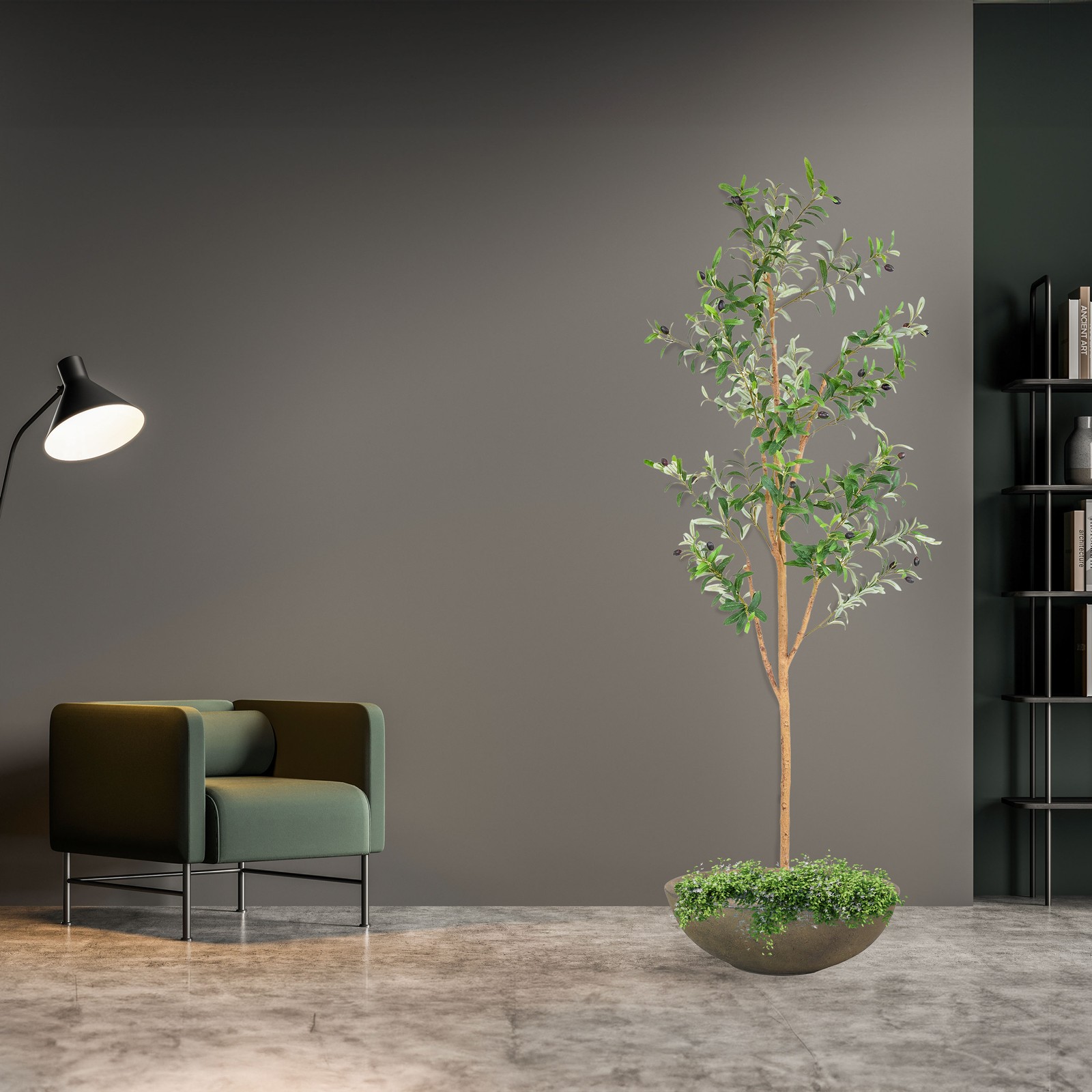 Indoor Artificial Olive Tree with Silk Leaves and Planter – 6 ft by Sunnydaze