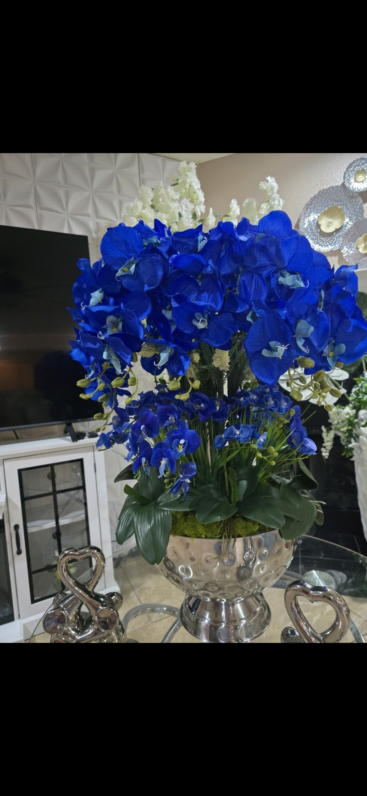 Handmade Blue Orchid Flower Arrangement in Silver Vase