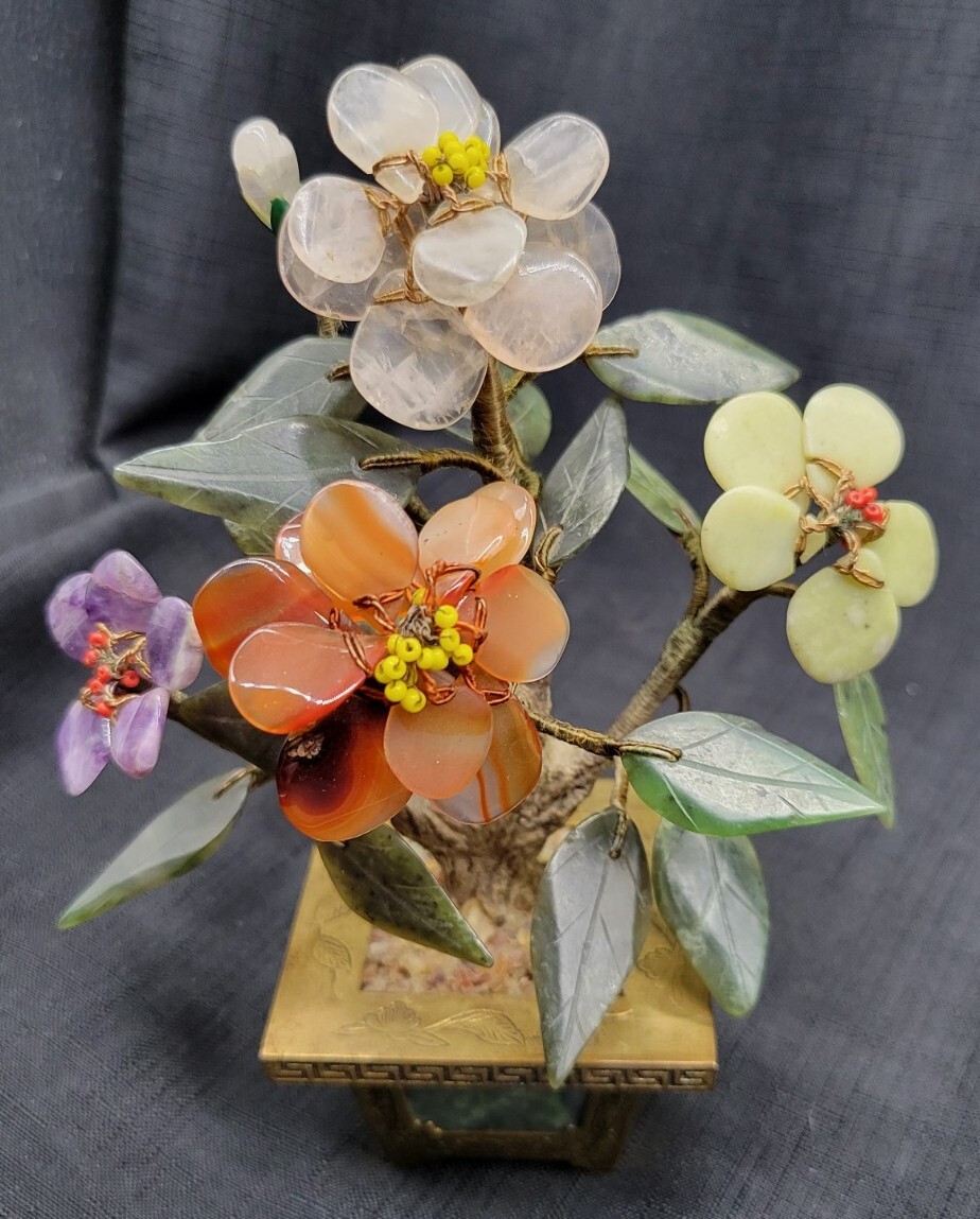 Vintage Carved Jade / Gemstone Bonsai Tree w/ Brass Base, MCM, Made in Hong Kong