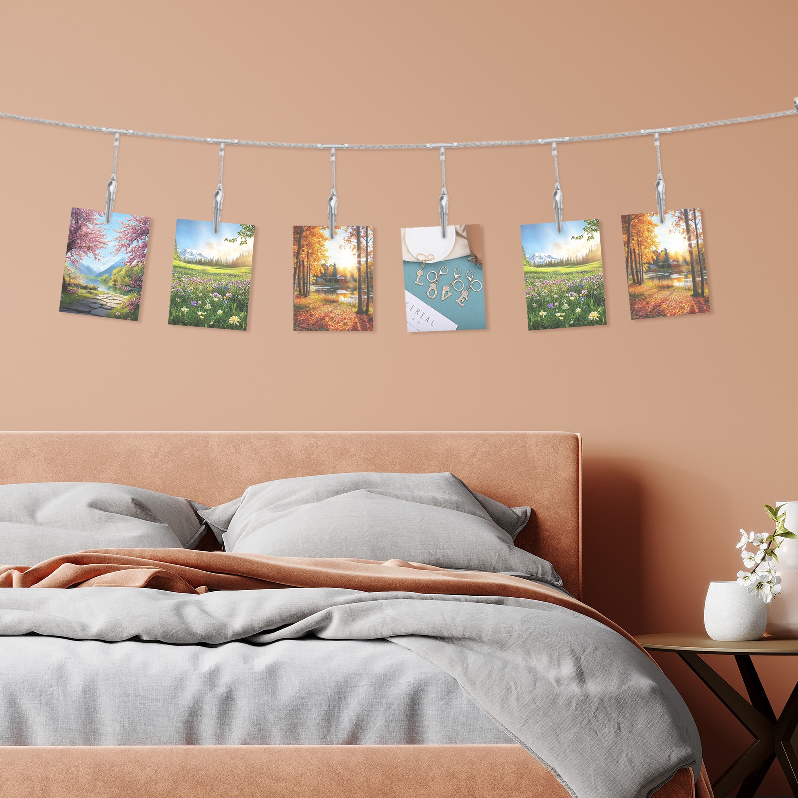 2pcs Wall Hanging Photo Display Cable Wire Rod with 20 Alligator Clips, Silver