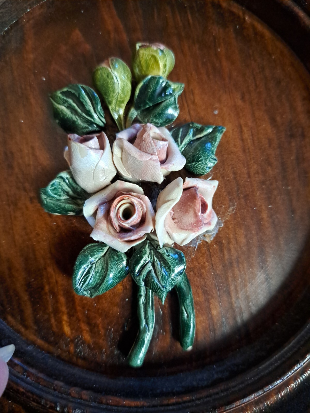 Vintage hand crafted flowers roses art on hand turned dark wood plaques set of 3