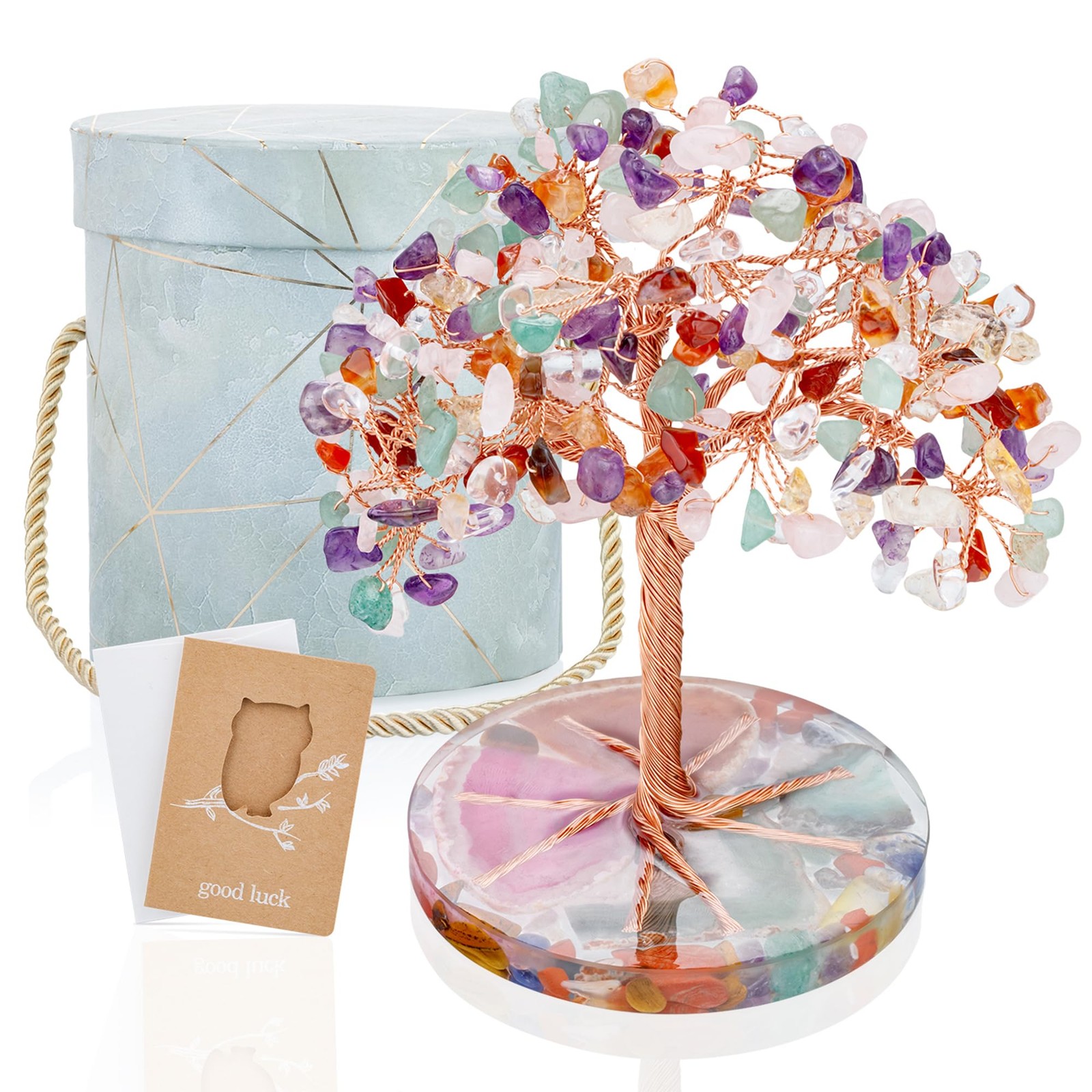 7 Chakra Healing Crystals Stones Tree with Agate Slice Base Feng Shui Decor